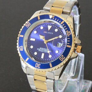 Men's Diver Style Watch Blue Bezel Silver Gold Tone 40mm